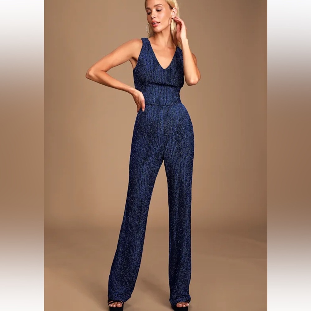 NWOT Lulu’s NYE Elegant Blue Sparkly Metallic Stretchy Jumpsuit XS TALL